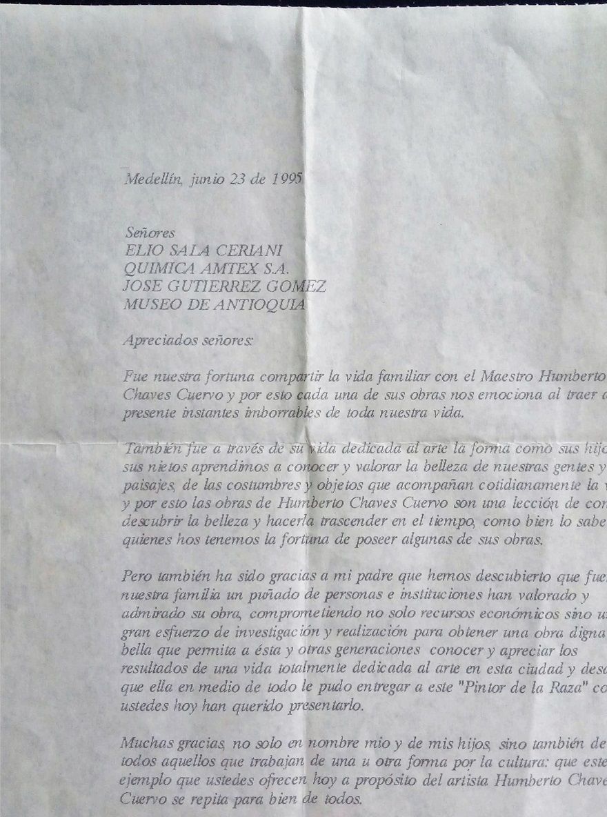 2.    Carta de Marta Chaves Villa, hija del pintor, a Elio Sala, José Gutiérrez y Museo de Antioquia